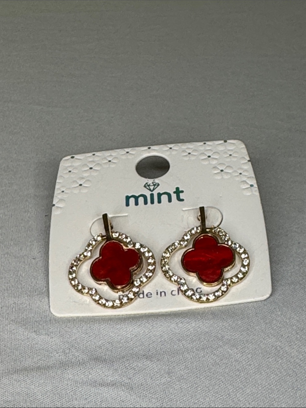 Mint Gold Drop Earrings with Red Clover and Crystal Accents